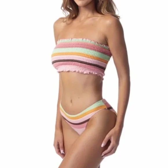 Phax Striped Smocked Strapless Bikini Swimsuit 2Pc Two Piece Set - Picture 3 of 4